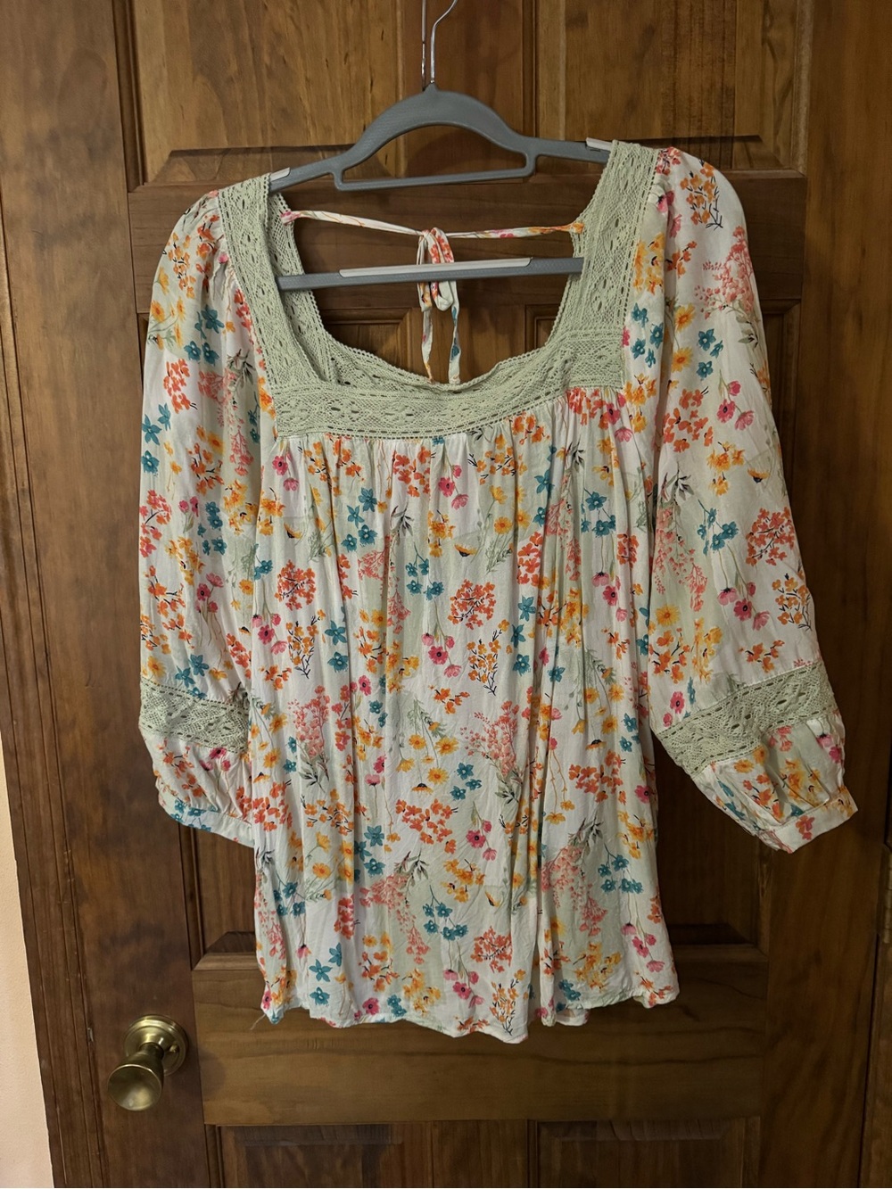 Cato Cream Floral Peasant Top with Green Crochet Yoke